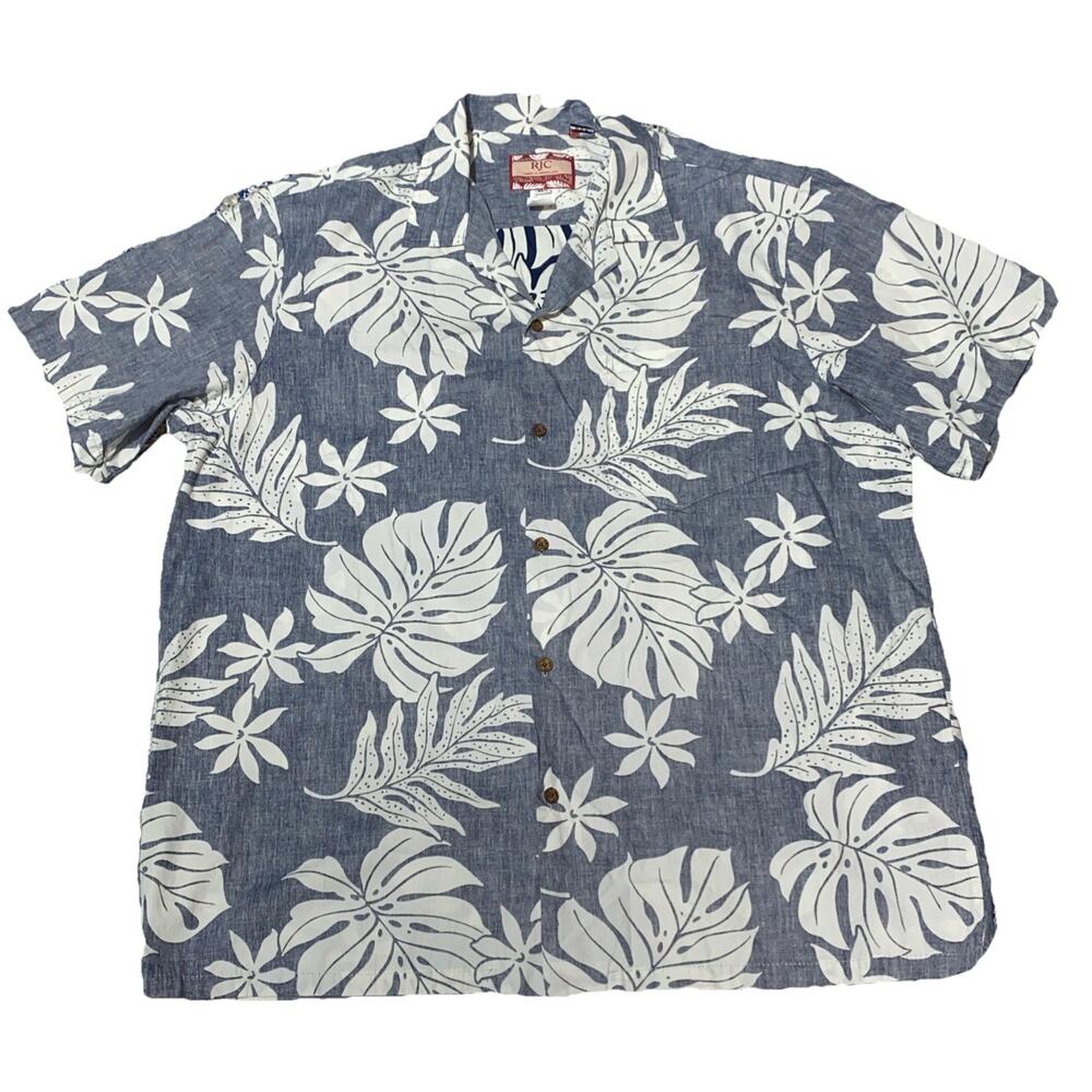 RJC Hawaiian Shirt Blue Palm Leave Tropical Print Made in HAWAII 2XL 100% Cotton